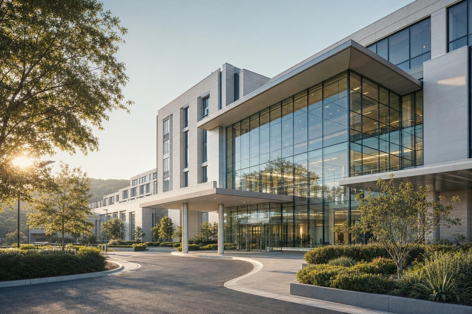 A modern hospital exterior surrounded by greenery