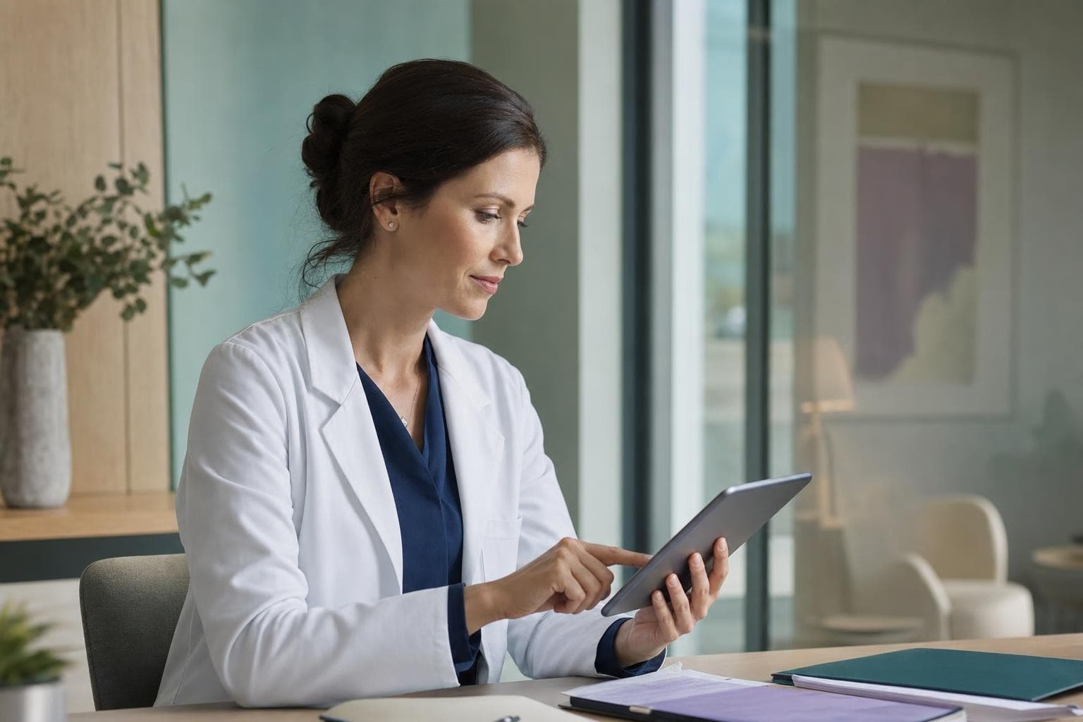A qualified doctor reviewing medical documents on a tablet